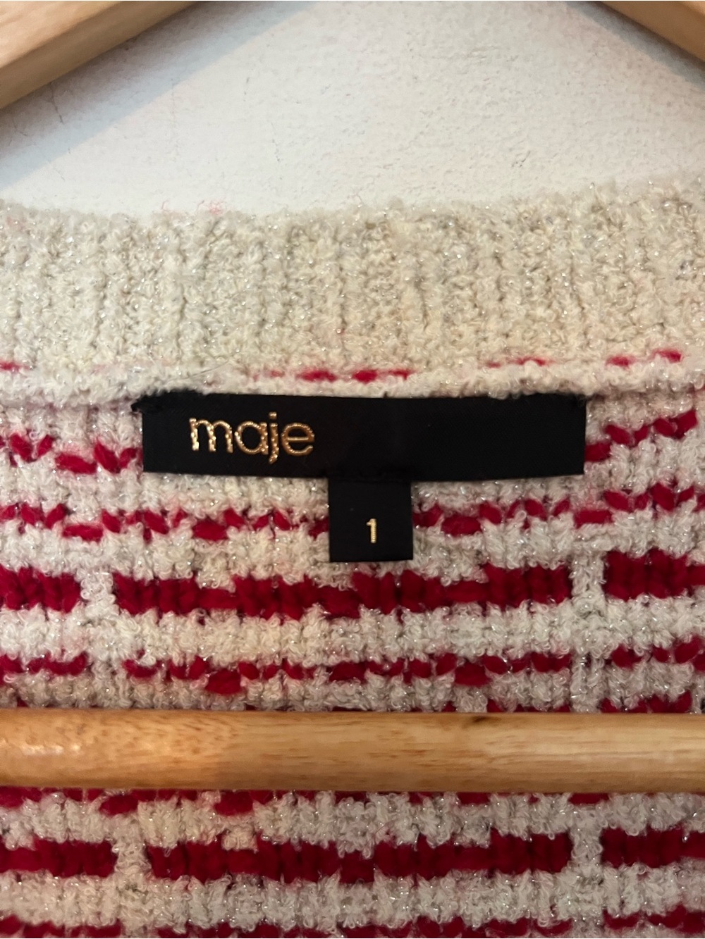 Maje Two-Tone Tweed-Effect Knit Cardigan Red Cream Metallic Size 1 - Picture 7 of 11